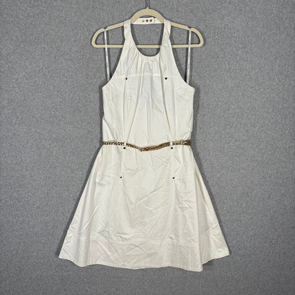 Calvin Klein Dress 12 Backless Cotton Stretch Gold Belt Safari Resort‎ NEW $99